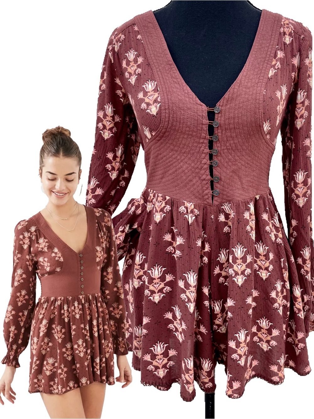 UO Ecote Pia Cottagecore Romper Rustic Print - Boho Rose, Medium